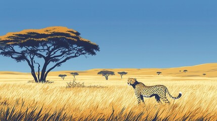 Obraz premium Cheetah Walking in Golden Grassland Landscape