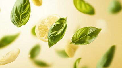 Naklejka premium Lemon Slices and Basil Leaves Floating in Air