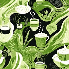 matcha espresso fusion coffee art pattern for print, green tea swirls, layered drink effect, zen patterns, japanese minimalism, contemporary fusion style, bamboo elements, vector illustration style