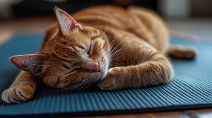 A cute ginger cat is sleeping peacefully. This photo can be used for website and social media content about pets, relaxation, and sleep.