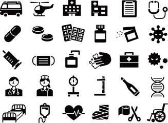 病院・薬など医療関係アイコンのイラストセット(シルエット)