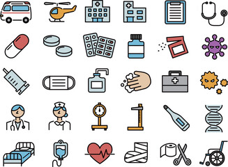 病院・薬など医療関係アイコンのイラストセット(カラー線画)