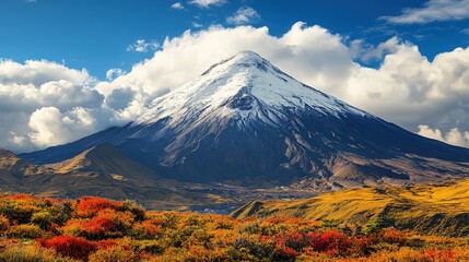 Naklejka premium Majestic snow-capped mountain peak rises above the landscape, with colorful hills and a bright blue sky filled with fluffy clouds. HD 