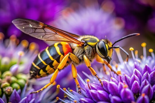 Captivating Macro Shot of the Golden Digger Wasp Sphex Funerarius on a Vibrant Purple Flower, Showcasing Intricate Details of Nature's Pollinators in Urban Exploration Photography
