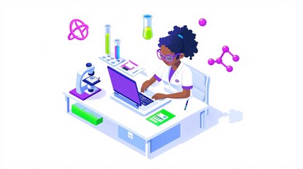 Fototapeta premium Simple isometric infographic of a bespectacled female scientist with wild hair sitting at a laboratory bench desk, working with a high-performance laptop and scattered research papers. Nearby, there