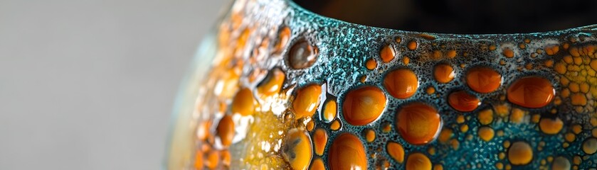 Fototapeta premium Close-up of a ceramic vessel with a textured, multi-colored glaze