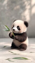 Naklejka premium Adorable Panda Cub Holding Bamboo Shoots