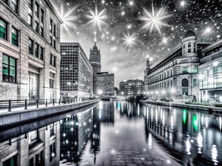 Fototapeta premium Captivating Night Photography of Urban Landscapes in Film Style, Featuring Starry Skies, Glowing City Lights, and Atmospheric Vistas for Stunning Visual Appeal