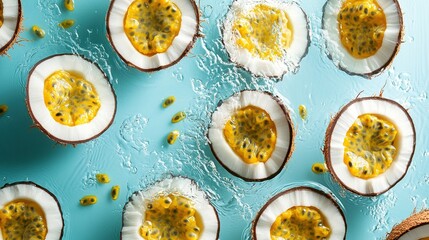 Passion Fruit Inside Coconut Halves Floating in Blue Water