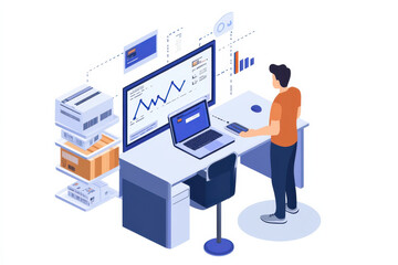 man working on computer in an office, looking focused and determined