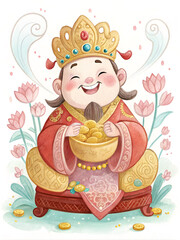 Naklejka premium Watercolor Fortune God Illustration for Lunar New Year | Traditional Asian Prosperity Deity Art