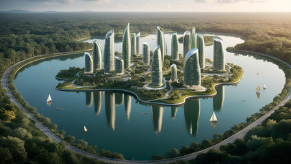 A city-shaped lake in the middle of a lush forest as a metaphor for eco-friendly urbanism and modern green living in general, Generative.ai