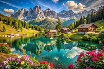 Fototapeta premium Captivating Product Photography of Alpine Wonders: A Stunning Showcase of the Majestic Italian Alps with Lush Green Valleys and Snow-Capped Peaks for Travel Enthusiasts