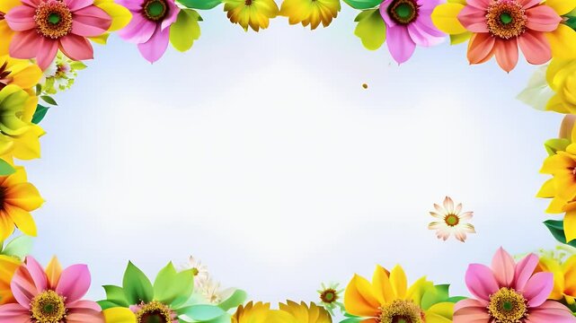 A vibrant floral border featuring colorful flowers in bloom against a light background.