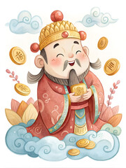 Naklejka premium Watercolor Fortune God Illustration for Lunar New Year | Traditional Asian Prosperity Deity Art