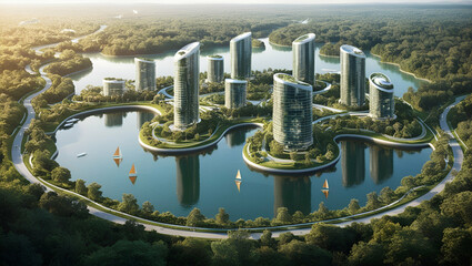 A city-shaped lake in the middle of a lush forest as a metaphor for eco-friendly urbanism and modern green living in general, Generative.ai