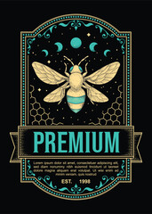 Premium Vintage Label Featuring Celestial Bee with Honeycomb and Ornate Frame