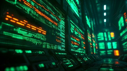Fototapeta premium Futuristic Server Room Green Screens