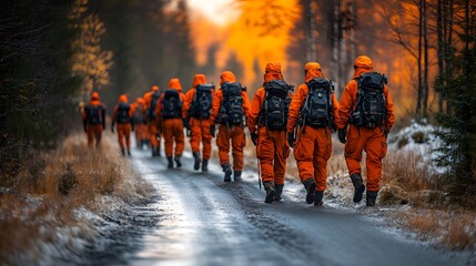 Civil defense team preparing for disaster response, diverse group, symbol of protection and readiness