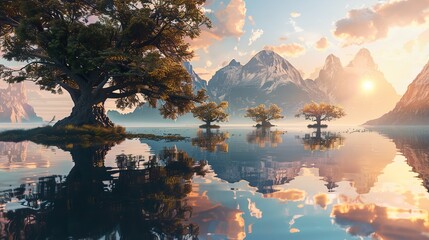 Tranquil Mountain Lake Sunset: Serene Landscape with Golden Hour Reflections