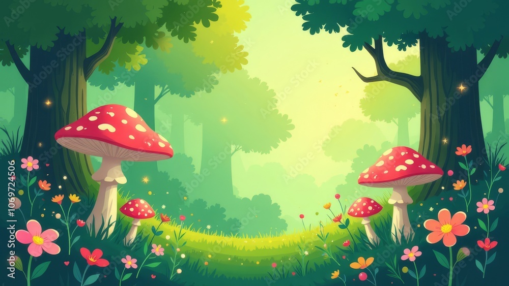 Poster a forest scene with a path and a bunch of mushrooms