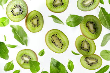 Fototapeta premium kiwi fruit with half slices and green leaves isolated on white background, clipping path