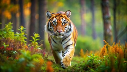 Obraz premium Captivating Tilt-Shift Photography of a Running Siberian Tiger Gazing at the Camera in a Lush Forest Setting, Showcasing the Beauty of Wildlife in a Unique Perspective