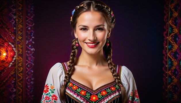 Charming woman with full lips, braided brown hair in a traditional hungarian folk dress.