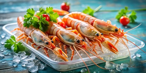Captivating Tilt-Shift Photography of Large Frozen Langoustines in a Package, Showcasing the Intricate Details and Textures of Seafood for Culinary Enthusiasts
