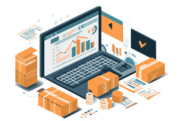 laptop screen shows graph of rising sales, surrounded by packages, invoices, and other business documents. It symbolizes growth and success