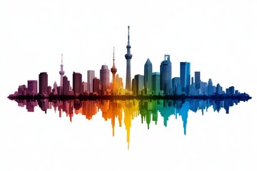Obraz premium A colorful 2D illustration of a city skyline with different styles of buildings, all outlined on a plain white background