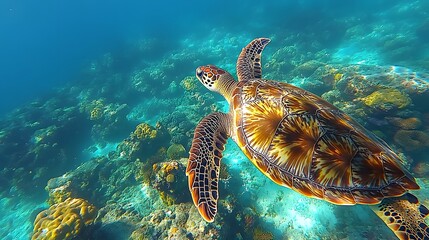 Fototapeta premium Sea turtles swimming over coral reefs, vibrant underwater life, highlighting marine conservation
