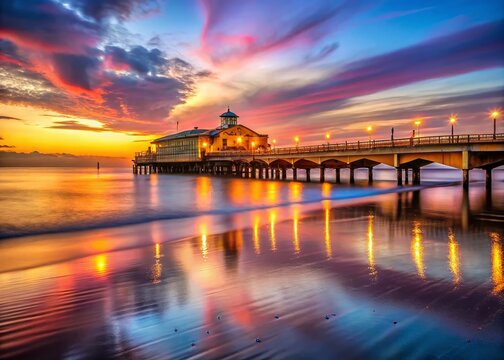 Captivating View of Bournemouth Pier Illuminated by the Warm Glow of the Setting Sun at Sunset, Creating a Stunning Low Light Photography Scene for Nature and Coastal Lovers