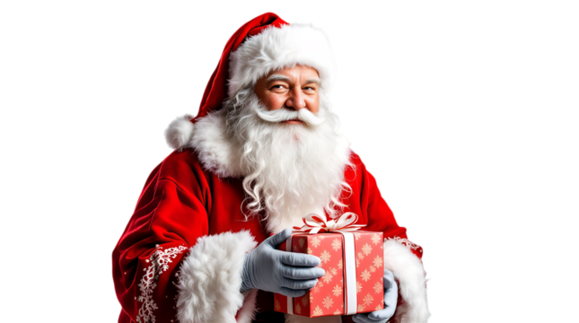 Jolly Santa Claus Holds a Christmas Gift with a Warm Smile isolated on transparent white background, png