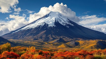 Majestic snow-capped mountain peak rises above the landscape, with colorful hills and a bright blue sky filled with fluffy clouds. HD  