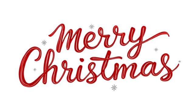 Elegant Red Merry Christmas Script with Sparkling Snowflakes isolated on transparent white background, png