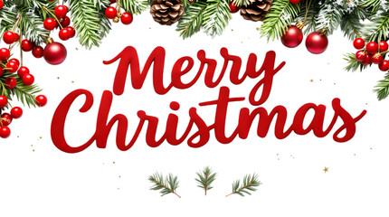 Festive Merry Christmas greeting with realistic pine branches and red berries isolated on transparent white background, png