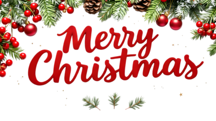 Festive Merry Christmas greeting with realistic pine branches and red berries isolated on transparent white background, png