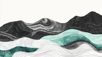 Obraz premium Nature abstract lines illustration Landscape water ink hand drawn Black white ink winter river Minimalist hand drawn illustration black lines background poster banner Hand drawn watercolor lines