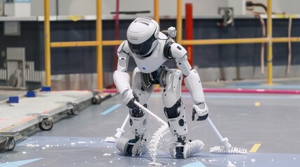 Obraz premium Intelligent Humanoid Robot Efficiently Mopping the Floor, Bringing a New Era of Cleaning