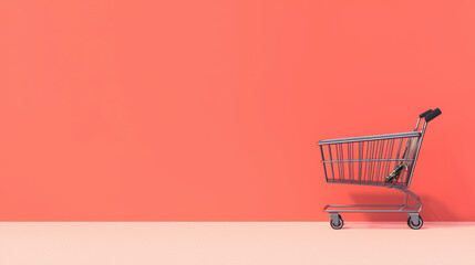 A shopping cart stands against a vibrant coral wall, symbolizing consumerism and retail experiences.
