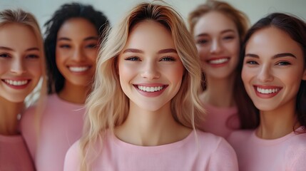 Fototapeta premium Group of diverse women smiling and embracing, celebrating unity and empowerment on International Womens Day
