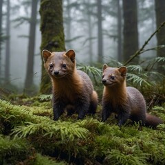 Fototapeta premium Misty Mornings: Pine Martens at Play in the Forest