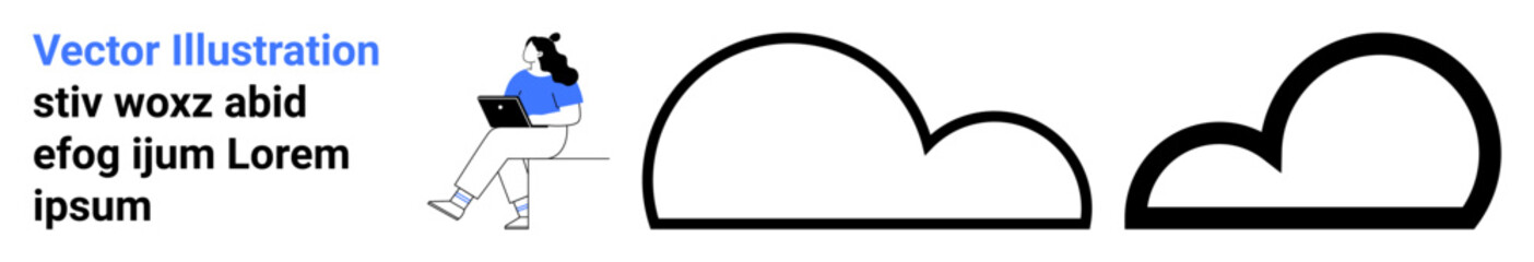Person seated with laptop beside two cloud shapes and placeholder text. Ideal for tech, remote work, cloud computing, online education, digital nomad, work-life balance, modern workspace. Landing