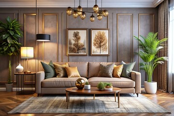 Obraz premium Chic Fashion Photography Featuring a Modern Sofa in a Stylish Room with Elegant Decor Elements and Soft Lighting for a Cozy Atmosphere