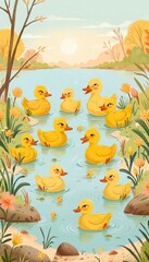 Obraz premium Adorable ducklings swimming in serene pond during autumn sunrise