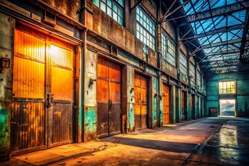 Fototapeta premium Closed Warehouse Doors with a Grungy Texture, Emphasizing Abandonment and Neglect, Ideal for Industrial Themes and Backgrounds, Featuring Copy Space for Text or Branding Needs