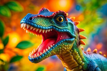Fototapeta premium Close-Up Capture of a Colorful Toy Dinosaur with Open Mouth and Visible Teeth, Emphasizing Playfulness and Fun in Prehistoric Imagination for Children’s Toys