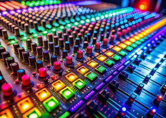 Close-Up Drone Photography of a Colorful Sound Board Displaying Vibrant Controls, Knobs, and LED Lights for Music Production, Audio Engineering, and Creative Sound Design