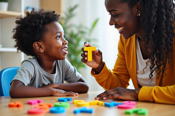 Black kid boy is sitting at the table. Speech therapist is holding letter T in her fingers.